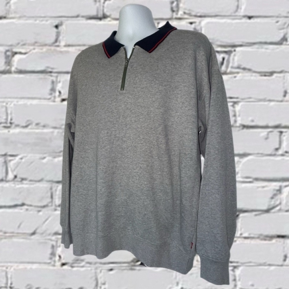 Levi’s Relaxed ¼‑Zip Vintage-Style Sweatshirt – M – Grey with Navy Collar